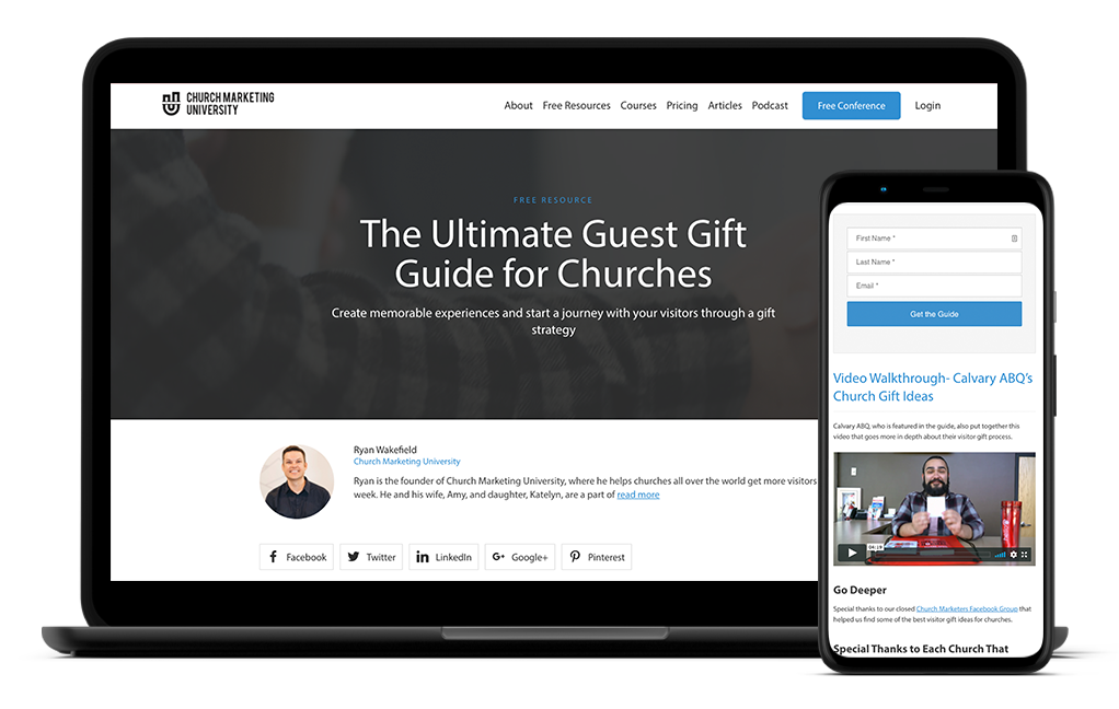 A laptop and phone screen displaying Church Marketing University's newly designed marketing assets.