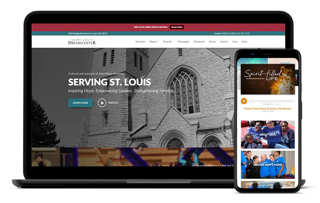 A laptop and phone screen displaying the St.Louis Dream Center's newly designed marketing assets.
