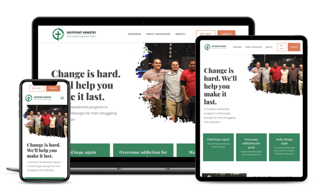 A phone, laptop, and tablet screen displaying Waypoint Ministry's newly designed website